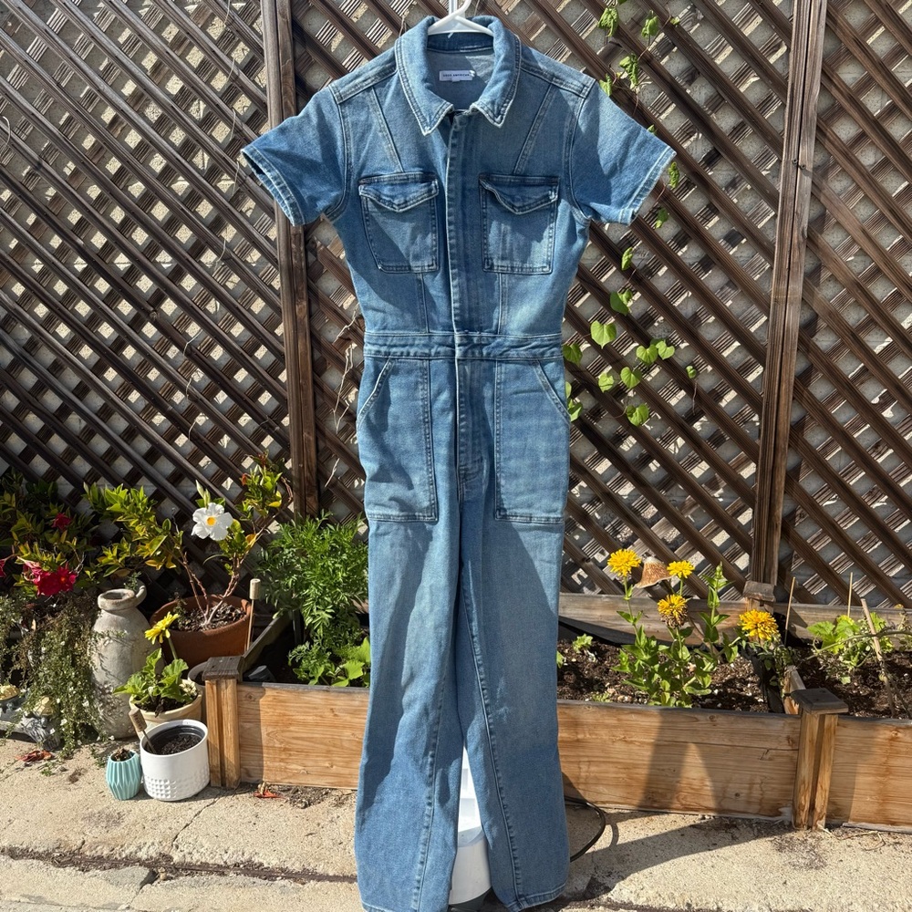 Good American Denim short sleeve coveralls